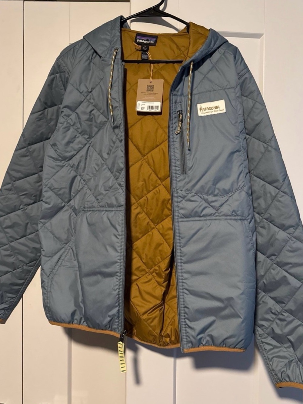 Patagonia Quilted Hooded Puffer Jacket in Slate Blue with Mustard Lining